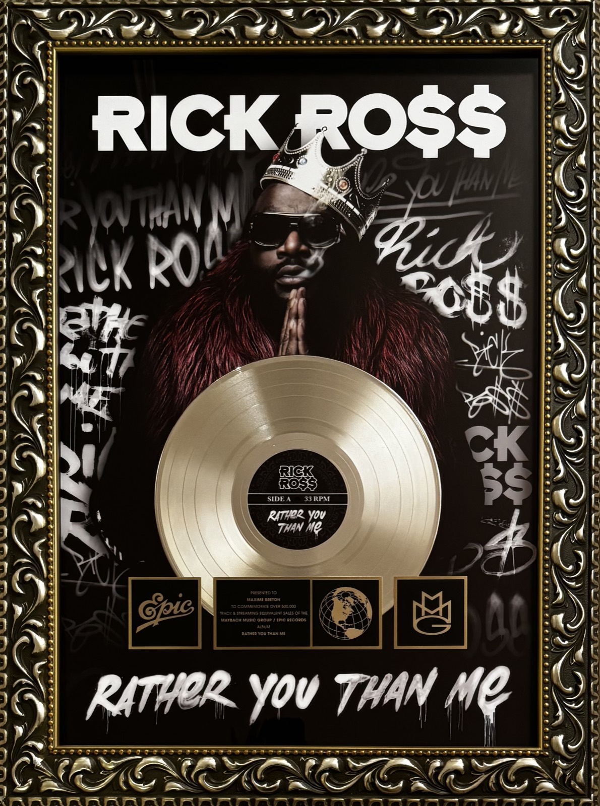 Disque d'or Rick Ross Rather You Than Me - Mighty Max Studio Paris